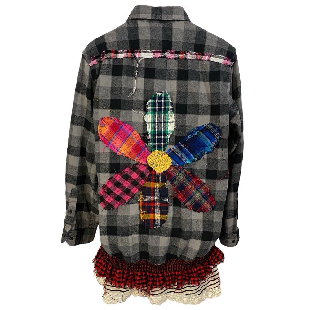 Flannel Shirt Women XL Shacket Flower Grunge Camp Rock Country Festival Upcycled - Picture 15 of 16